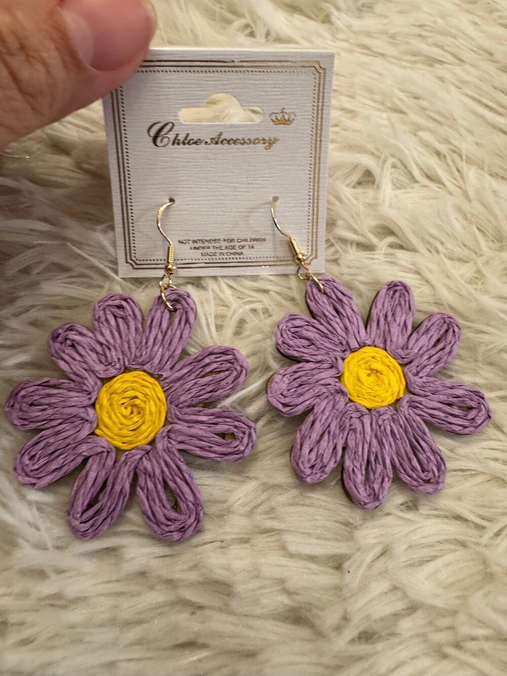 Artisanal Purple & yellow daisy earrings with yellow center